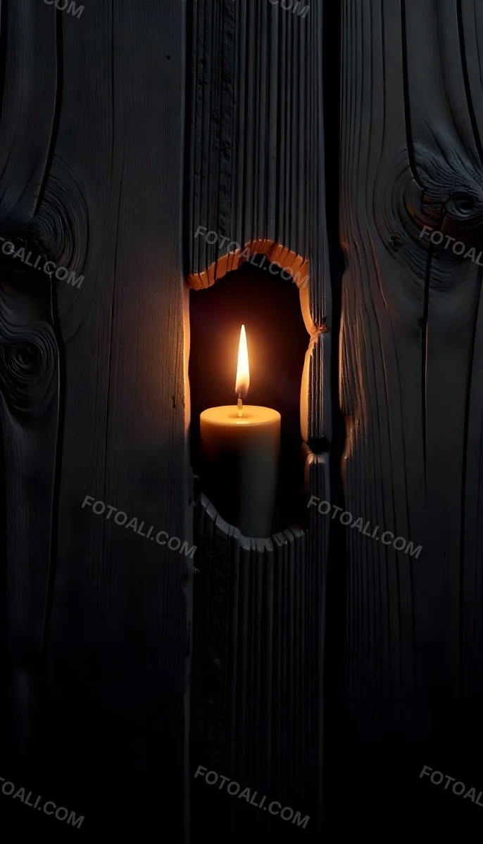 A Candle With A Bright Flame Set Against A Bright Background Wooden Planks With A Hole Casting A Warm Glow Creating A Sense Of Hope 20 4eef