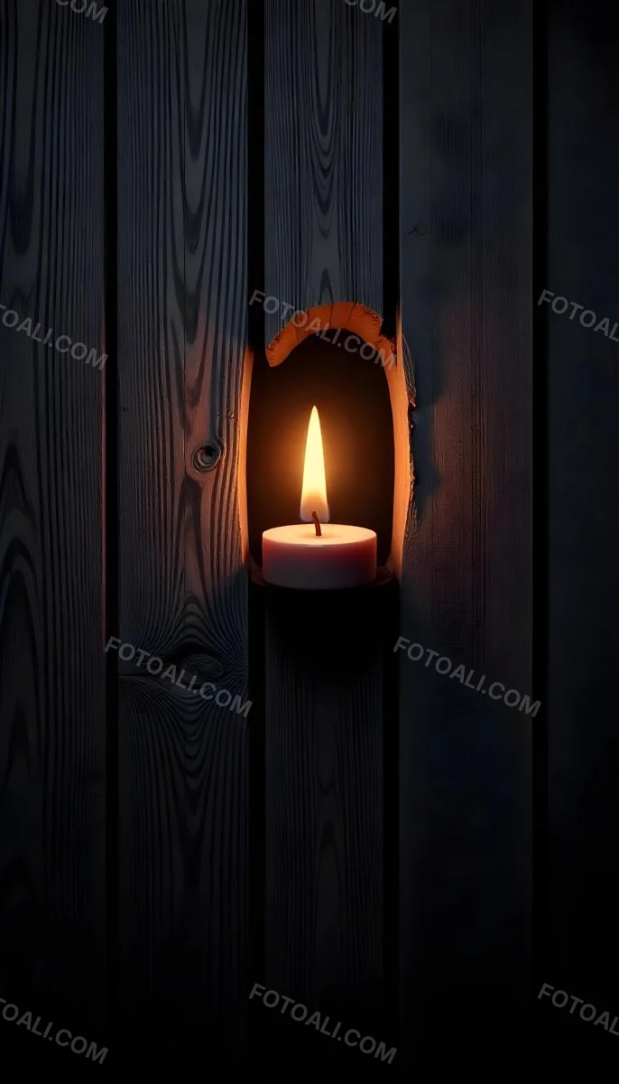 A Candle With A Bright Flame Set Against A Bright Background Wooden Planks With A Hole Casting A Warm Glow Creating A Sense Of Hope 23 D0a4