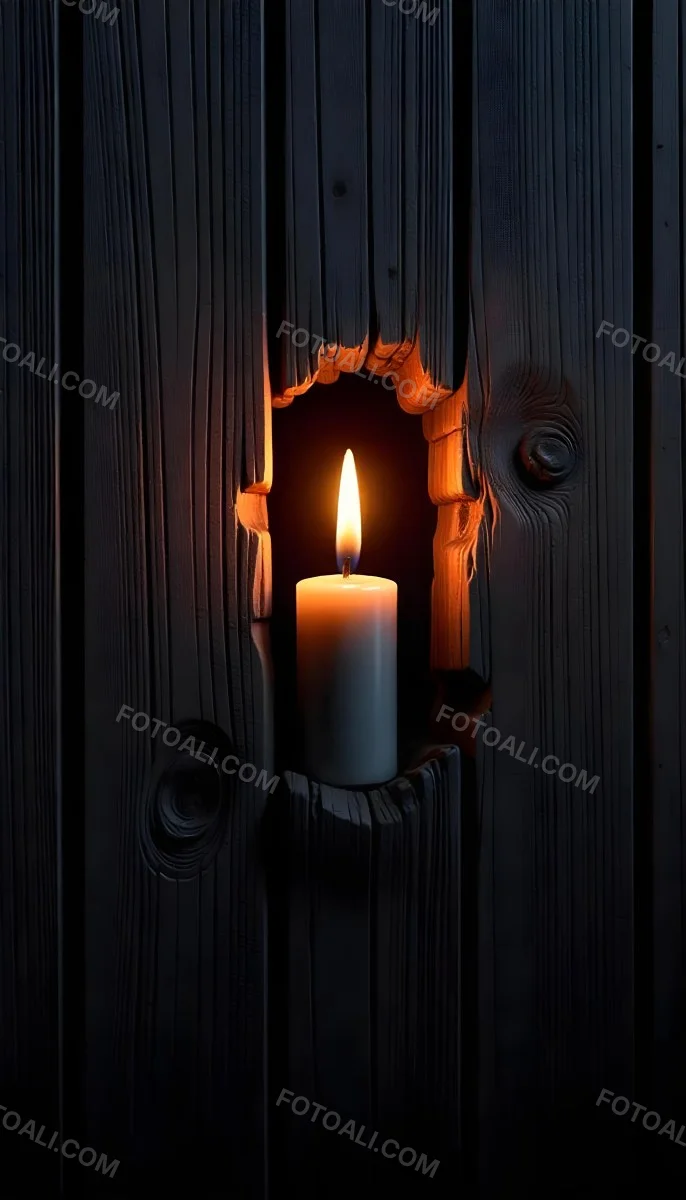 A Candle With A Bright Flame Set Against A Bright Background Wooden Planks With A Hole Casting A Warm Glow Creating A Sense Of Hope 3 566a