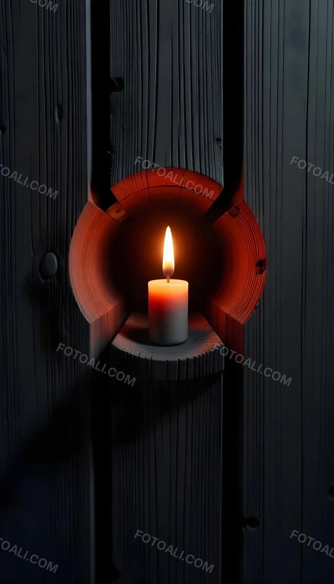 A Candle With A Bright Flame Set Against A Bright Background Wooden Planks With A Hole Casting A Warm Glow Creating A Sense Of Hope 32 8f09