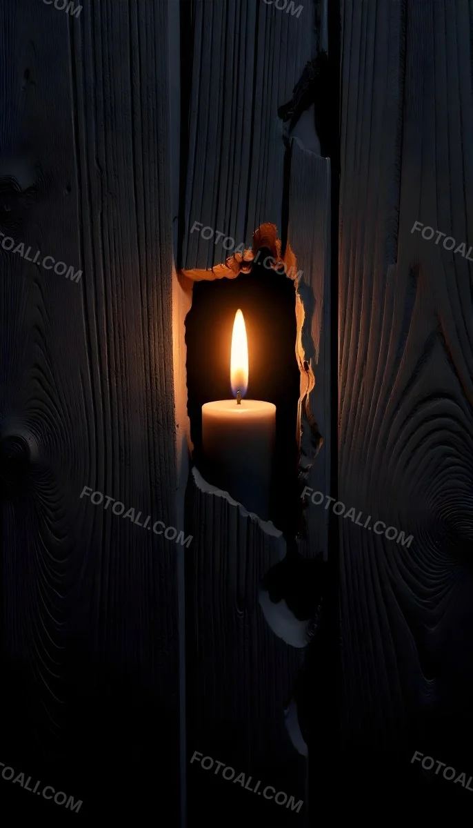 A Candle With A Bright Flame Set Against A Bright Background Wooden Planks With A Hole Casting A Warm Glow Creating A Sense Of Hope 35 3e22