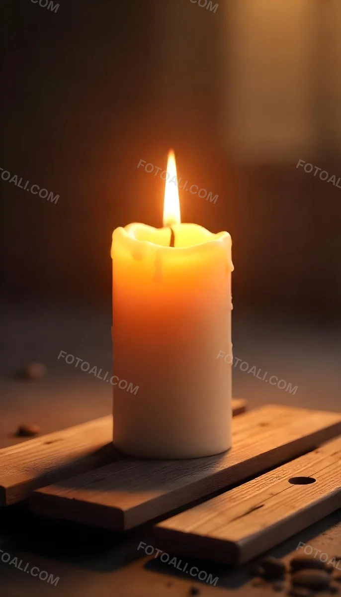 A Candle With A Bright Flame Set Against A Bright Background Wooden Planks With A Hole Casting A Warm Glow Creating A Sense Of Hope 36 D10c