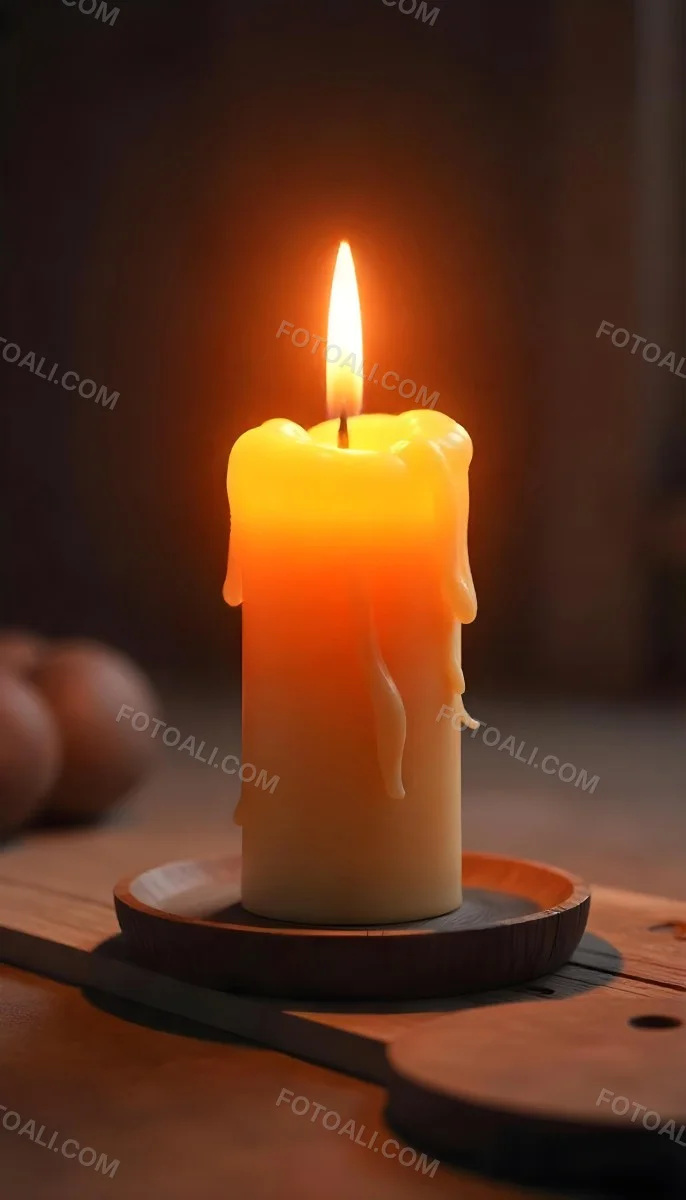 A Candle With A Bright Flame Set Against A Bright Background Wooden Planks With A Hole Casting A Warm Glow Creating A Sense Of Hope 37 A69e