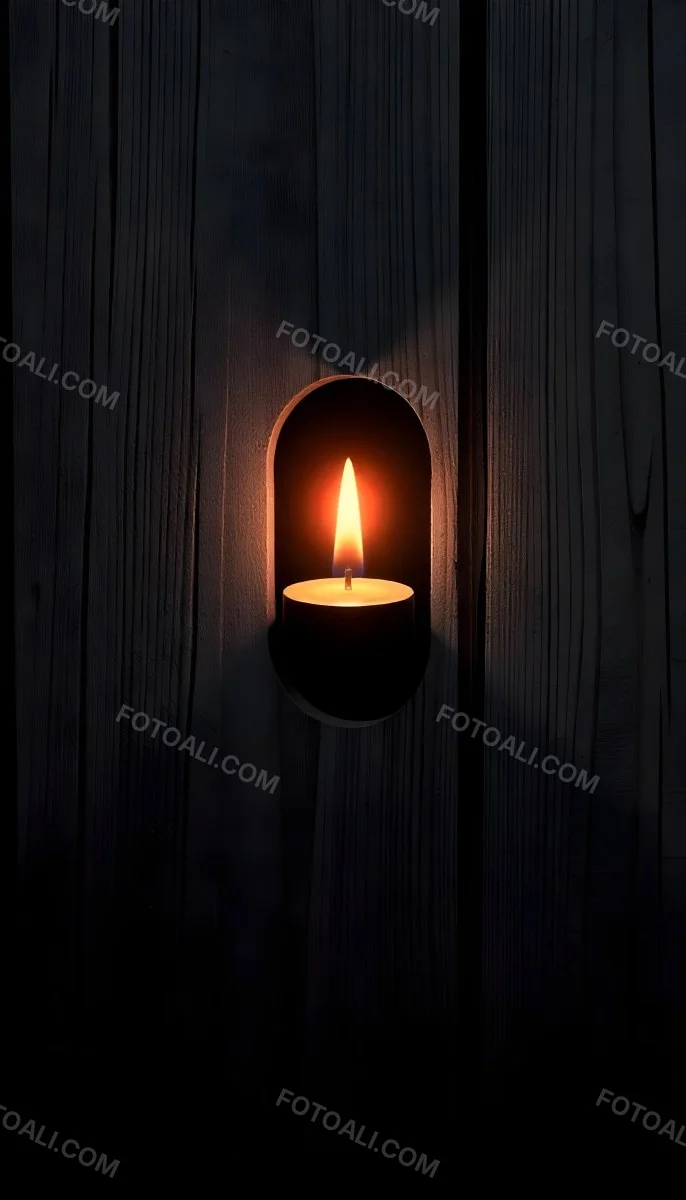 A Candle With A Bright Flame Set Against A Bright Background Wooden Planks With A Hole Casting A Warm Glow Creating A Sense Of Hope 38 055e