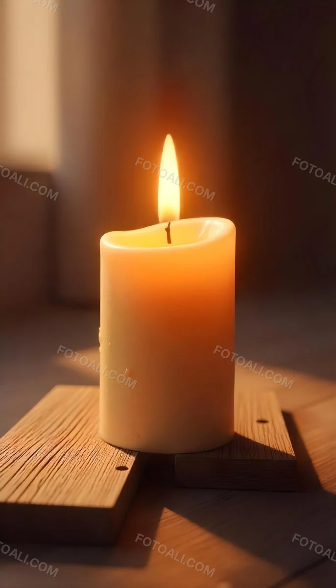 A Candle With A Bright Flame Set Against A Bright Background Wooden Planks With A Hole Casting A Warm Glow Creating A Sense Of Hope 39 8ddb