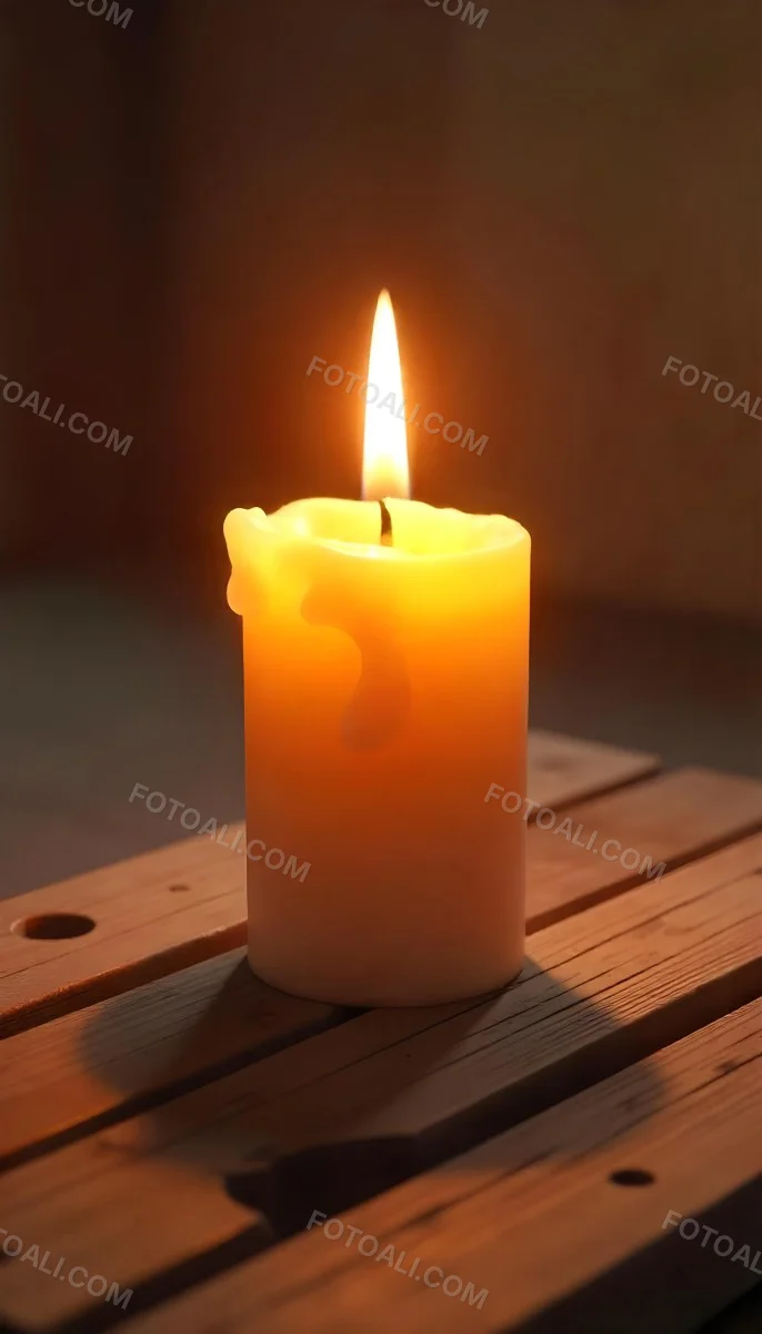 A Candle With A Bright Flame Set Against A Bright Background Wooden Planks With A Hole Casting A Warm Glow Creating A Sense Of Hope 4 E3fd