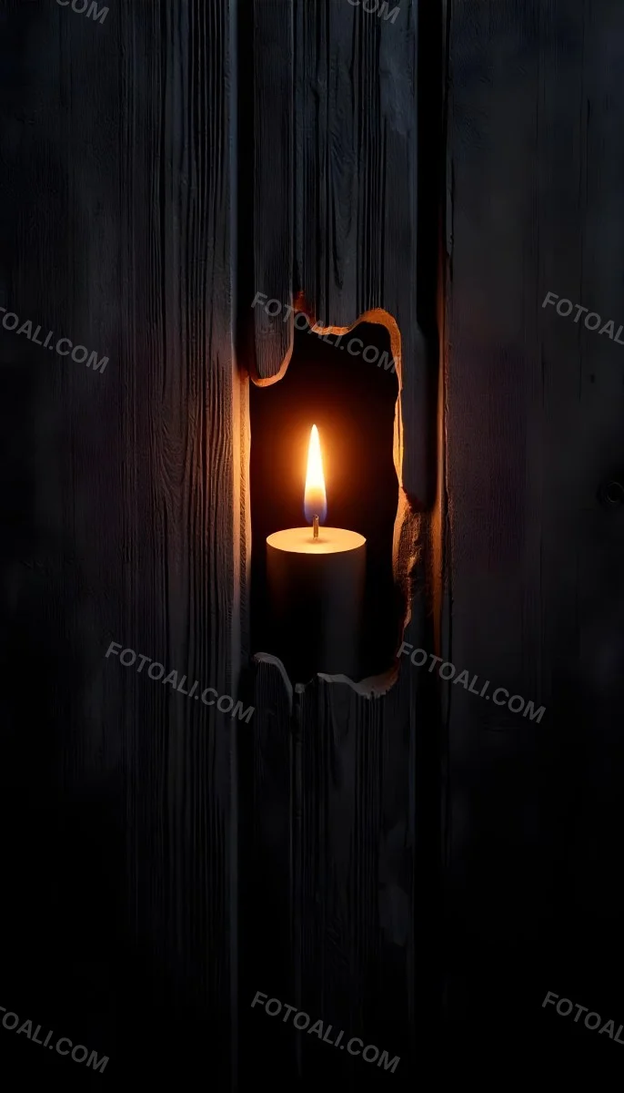 A Candle With A Bright Flame Set Against A Bright Background Wooden Planks With A Hole Casting A Warm Glow Creating A Sense Of Hope 40 448f