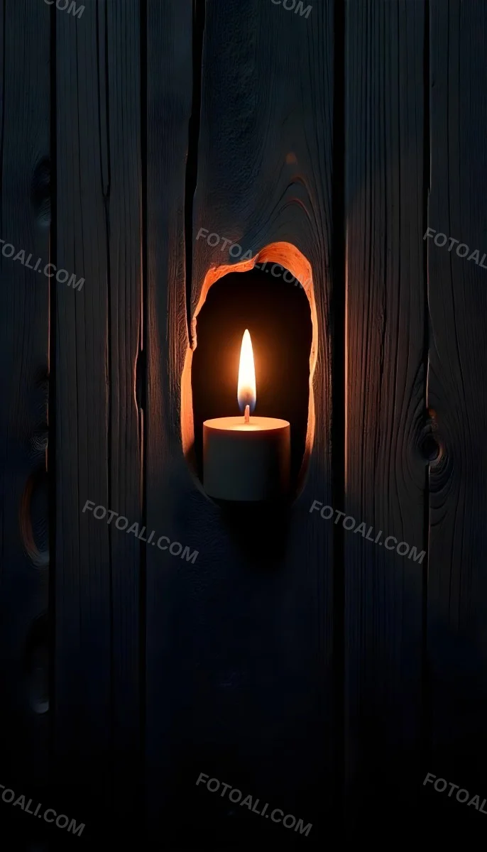 A Candle With A Bright Flame Set Against A Bright Background Wooden Planks With A Hole Casting A Warm Glow Creating A Sense Of Hope 5 Fbb1