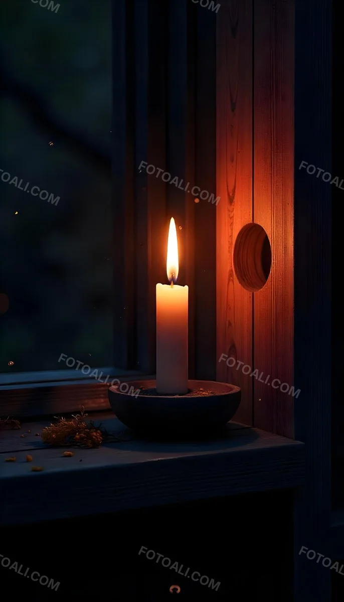 A Candle With A Bright Flame Set Against A Bright Background Wooden Planks With A Hole Casting A Warm Glow Creating A Sense Of Hope 6 F219
