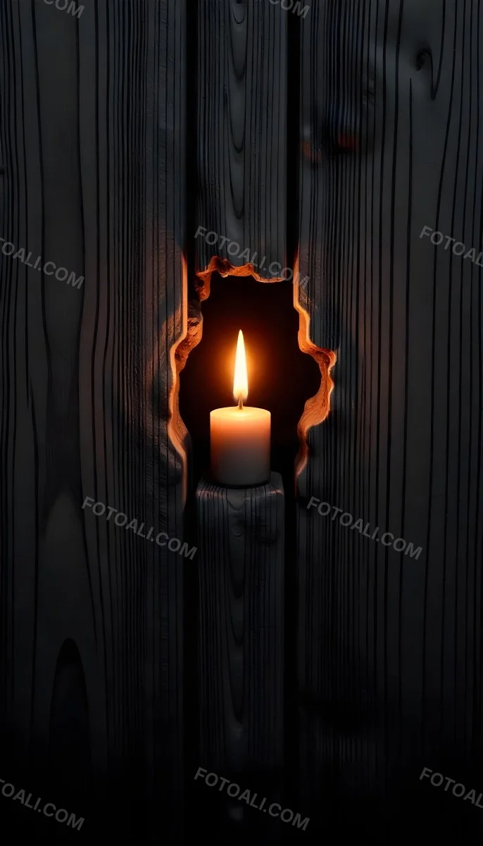 A Candle With A Bright Flame Set Against A Bright Background Wooden Planks With A Hole Casting A Warm Glow Creating A Sense Of Hope 7 12f6
