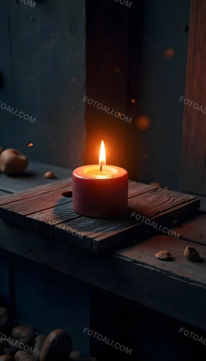A Candle With A Bright Flame Set Against A Bright Background Wooden Planks With A Hole Casting A Warm Glow Creating A Sense Of Hope 8 A27a
