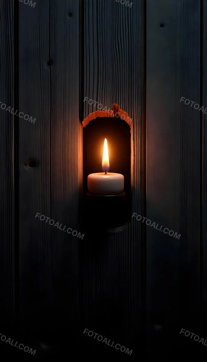 A Candle With A Bright Flame Set Against A Bright Background Wooden Planks With A Hole Casting A Warm Glow Creating A Sense Of Hope 9 Ea60