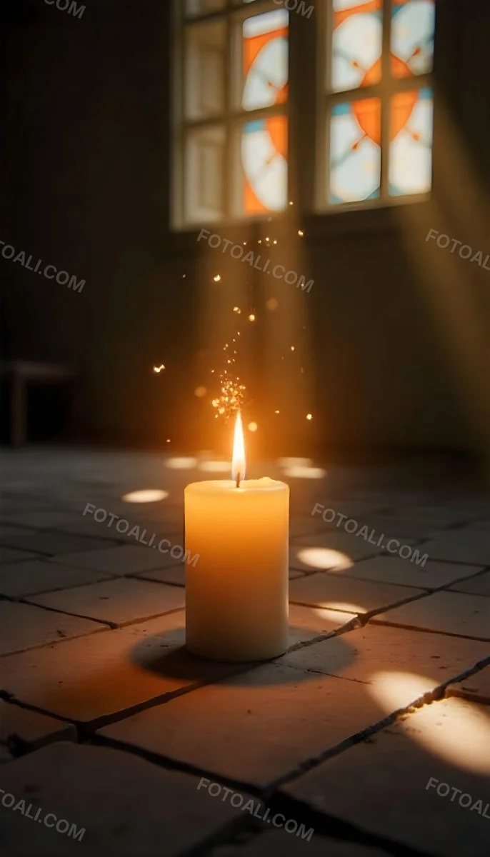 A Candle With A Flame On A Floor Covered With Broken Tiles With A Window In The Background And Bright Sparkles 1 73b2
