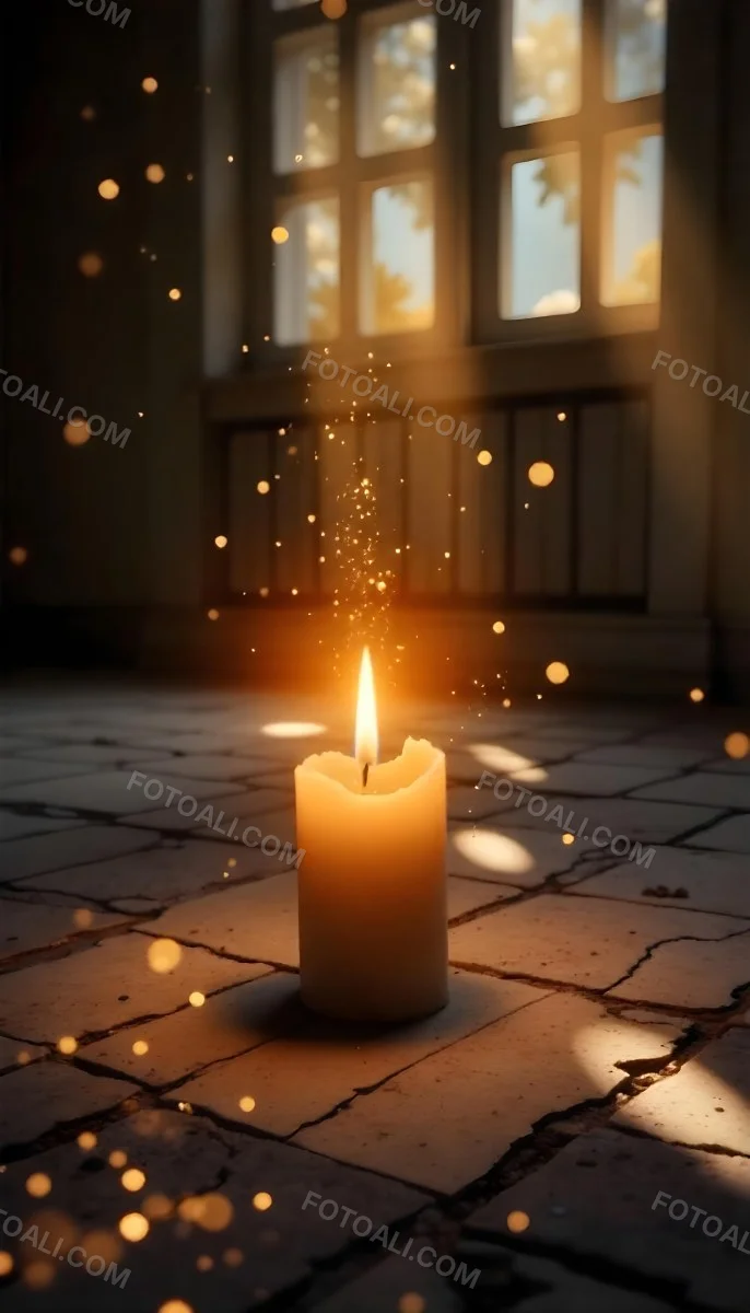 A Candle With A Flame On A Floor Covered With Broken Tiles With A Window In The Background And Bright Sparkles 13 31d9