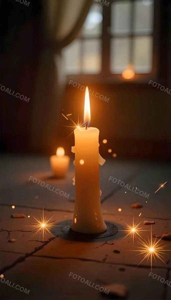 A Candle With A Flame On A Floor Covered With Broken Tiles With A Window In The Background And Bright Sparkles 18 E9a6