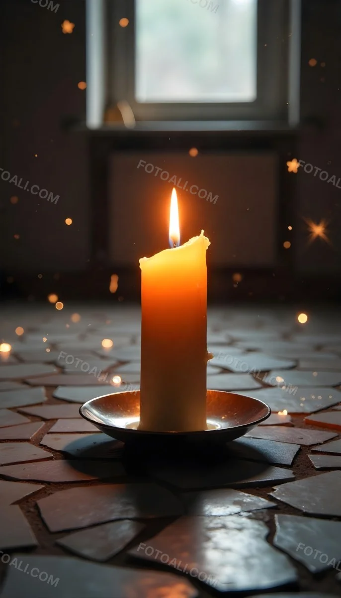 A Candle With A Flame On A Floor Covered With Broken Tiles With A Window In The Background And Bright Sparkles 21 Cd91