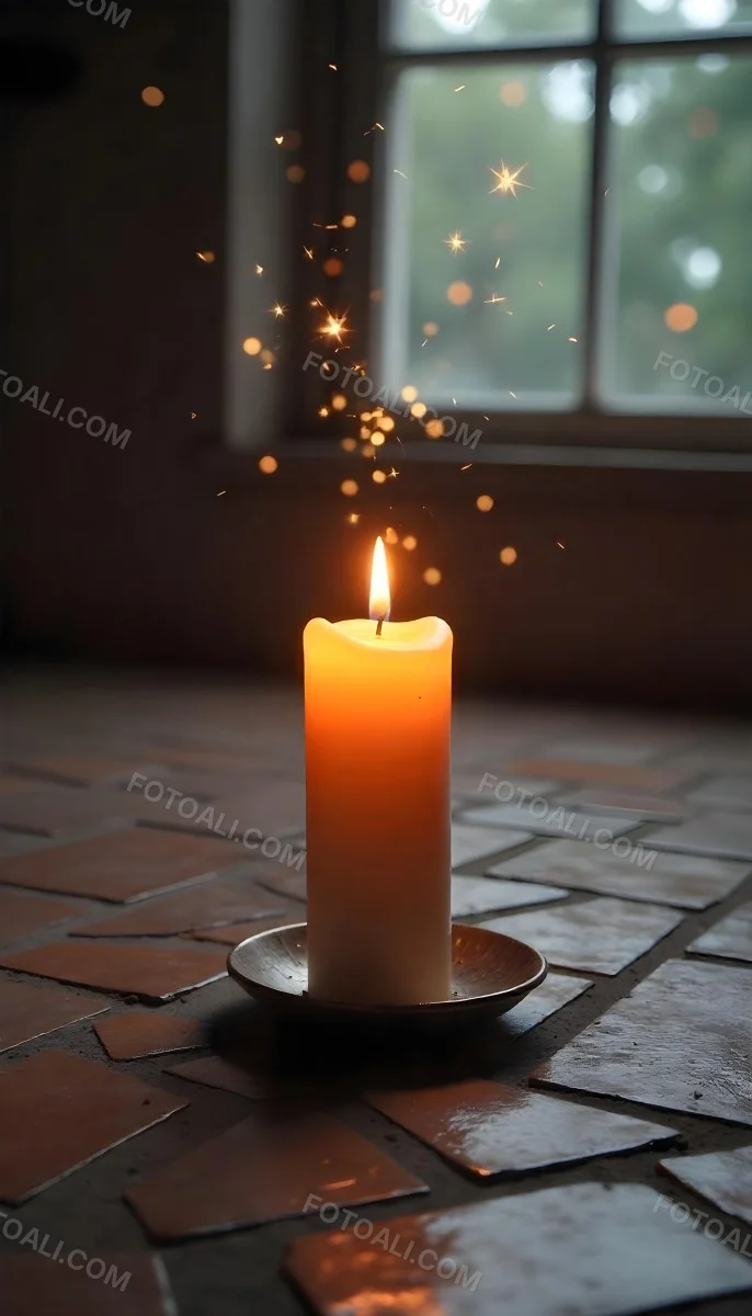 A Candle With A Flame On A Floor Covered With Broken Tiles With A Window In The Background And Bright Sparkles 24 F26b