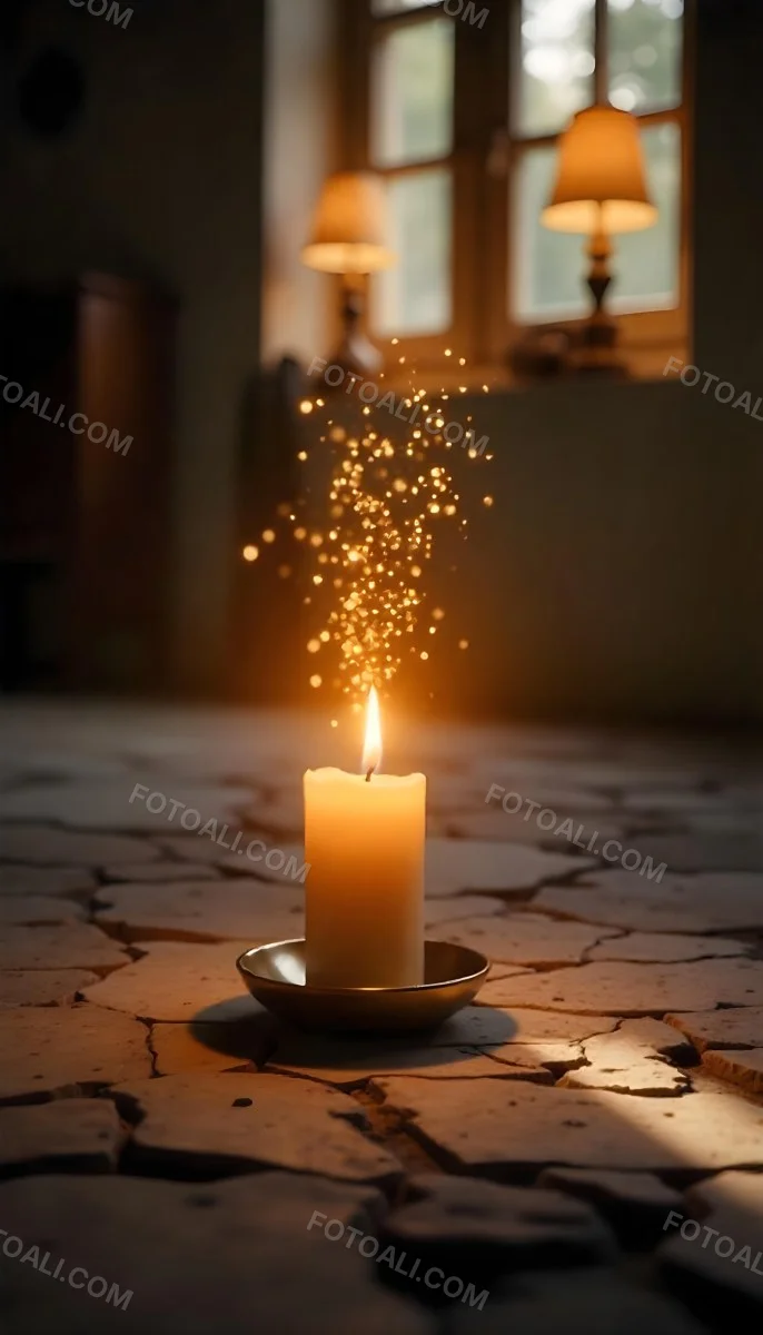 A Candle With A Flame On A Floor Covered With Broken Tiles With A Window In The Background And Bright Sparkles 3 C87c