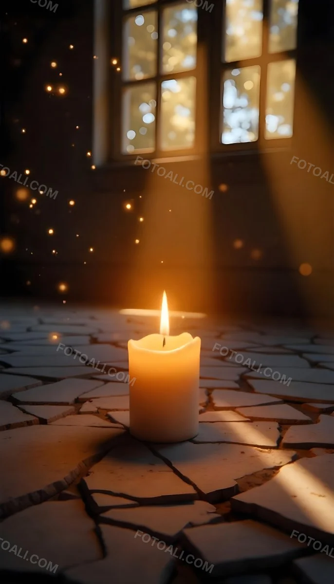 A Candle With A Flame On A Floor Covered With Broken Tiles With A Window In The Background And Bright Sparkles 4 D3a6