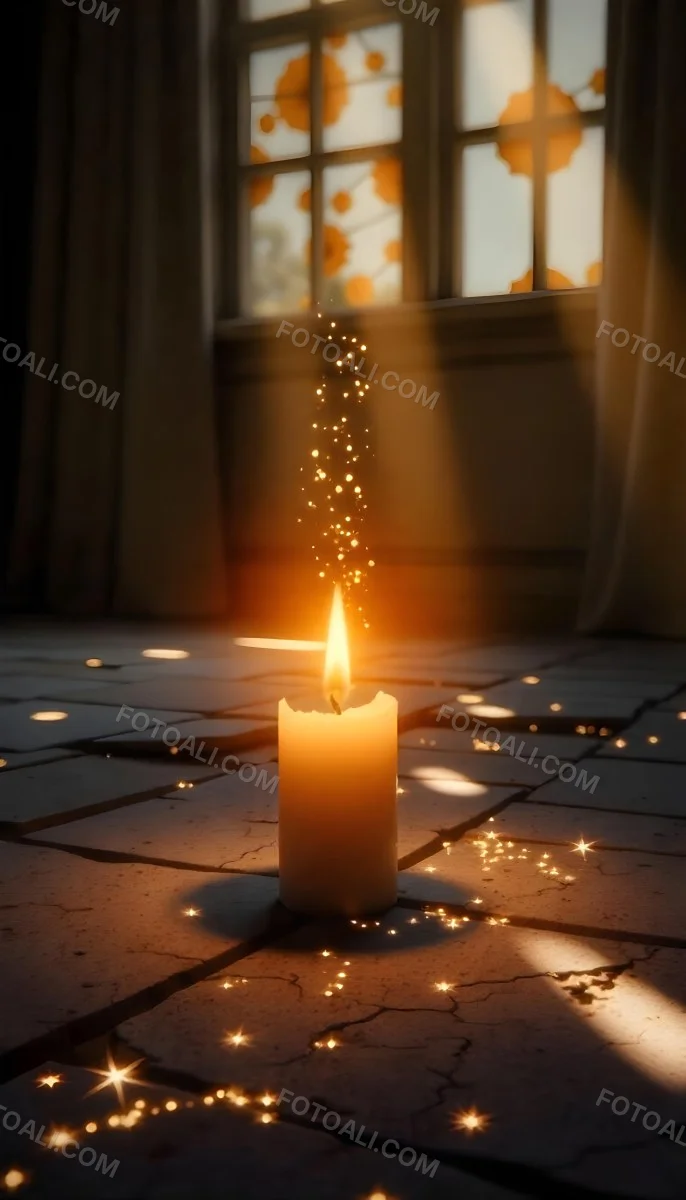 A Candle With A Flame On A Floor Covered With Broken Tiles With A Window In The Background And Bright Sparkles 6 33eb
