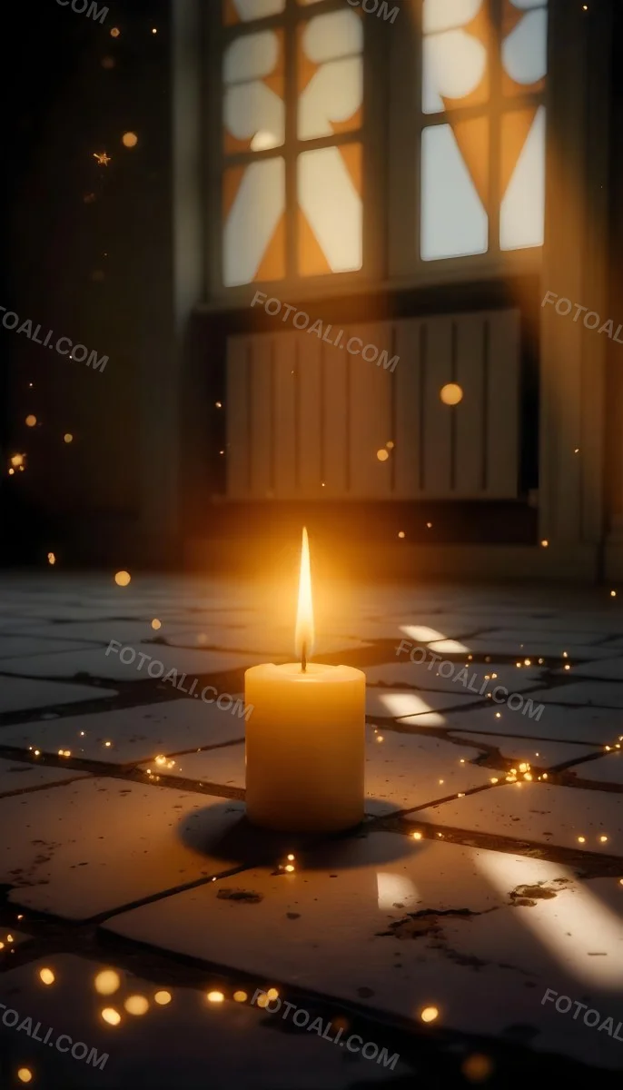 A Candle With A Flame On A Floor Covered With Broken Tiles With A Window In The Background And Bright Sparkles 7 590e