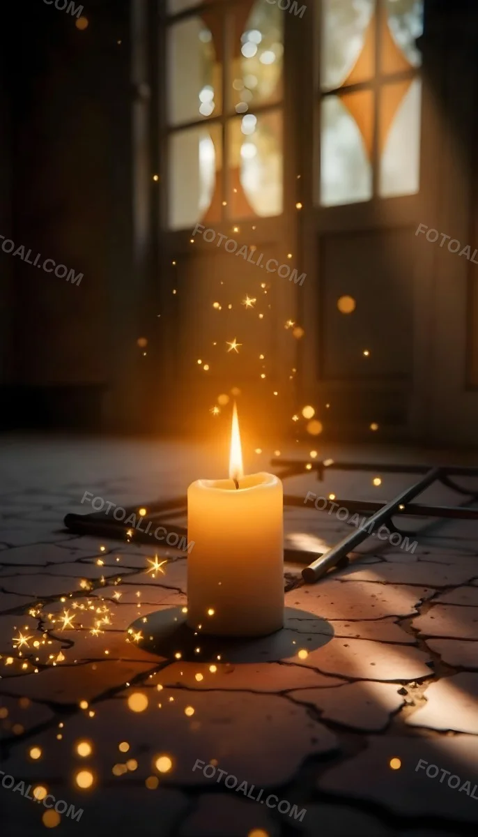 A Candle With A Flame On A Floor Covered With Broken Tiles With A Window In The Background And Bright Sparkles 8 Ce43
