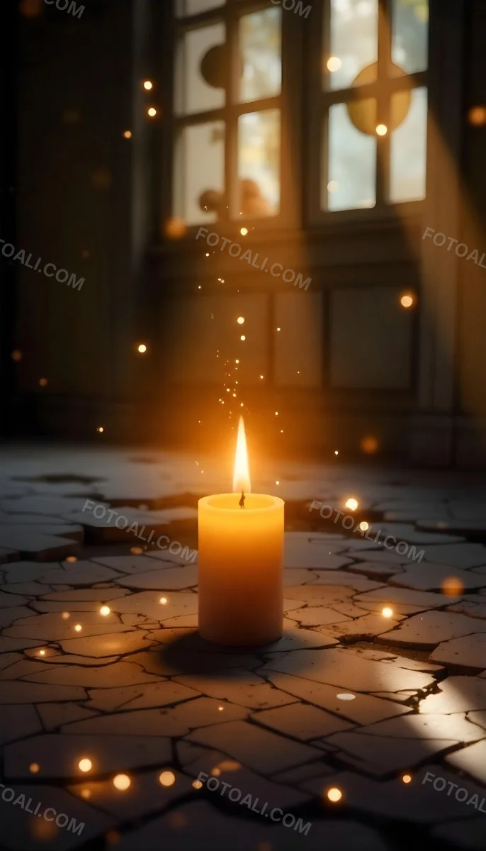 A Candle With A Flame On A Floor Covered With Broken Tiles With A Window In The Background And Bright Sparkles 9 07c6