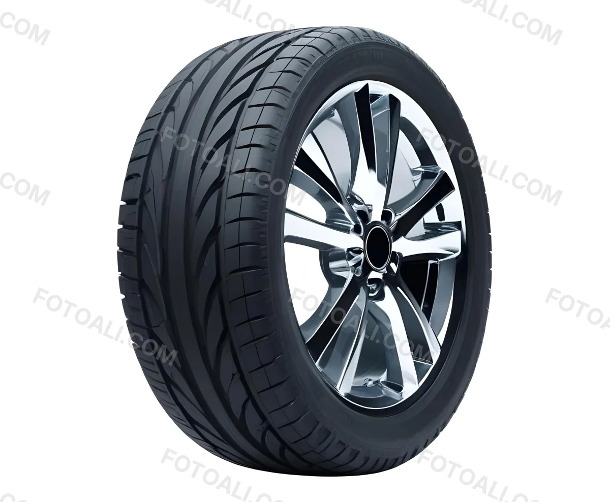 A Car Tire With A Black Rim White Rubber And Deep Treads Isolated On A Black Background 15 905e