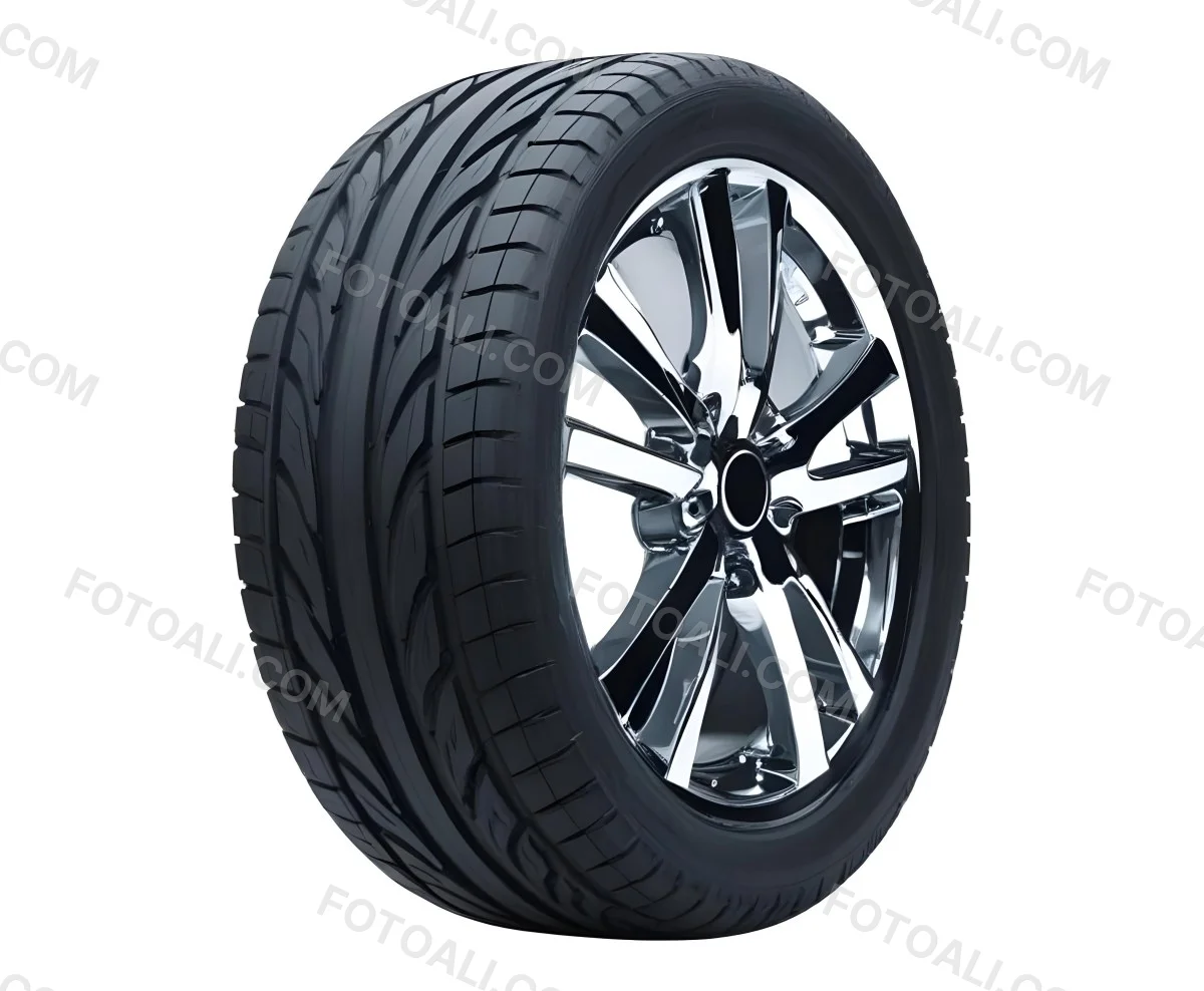 A Car Tire With A Black Rim White Rubber And Deep Treads Isolated On A Black Background 20 37e0