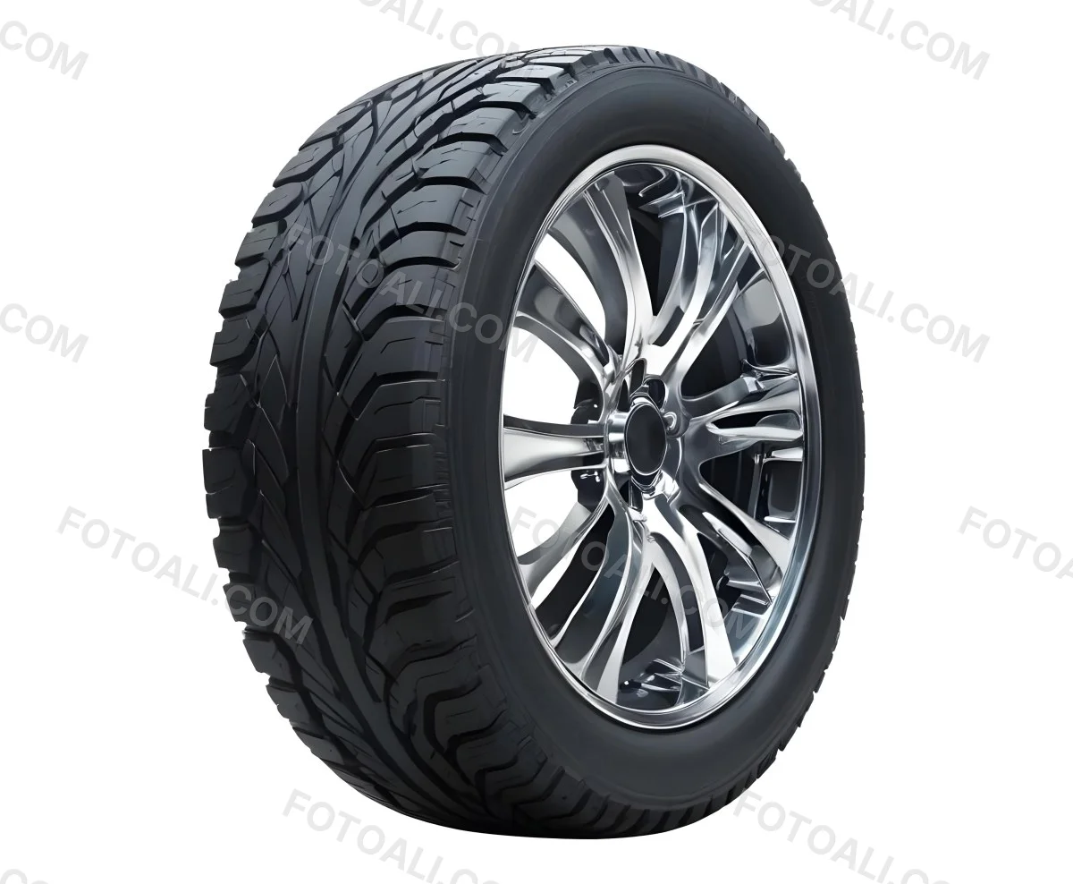 A Car Tire With A Black Rim White Rubber And Deep Treads Isolated On A Black Background 24 6930