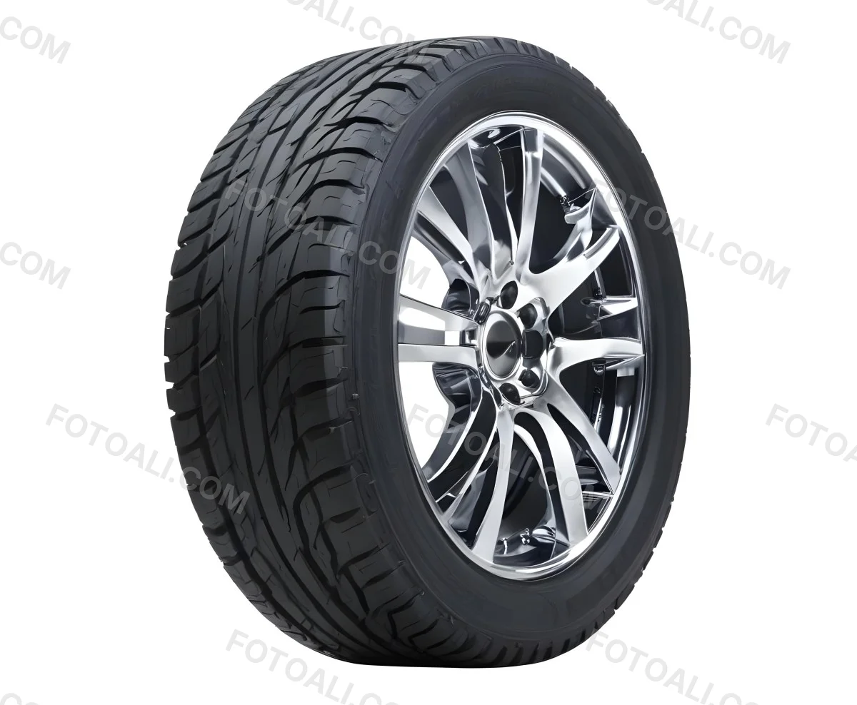 A Car Tire With A Black Rim White Rubber And Deep Treads Isolated On A Black Background 25 9742