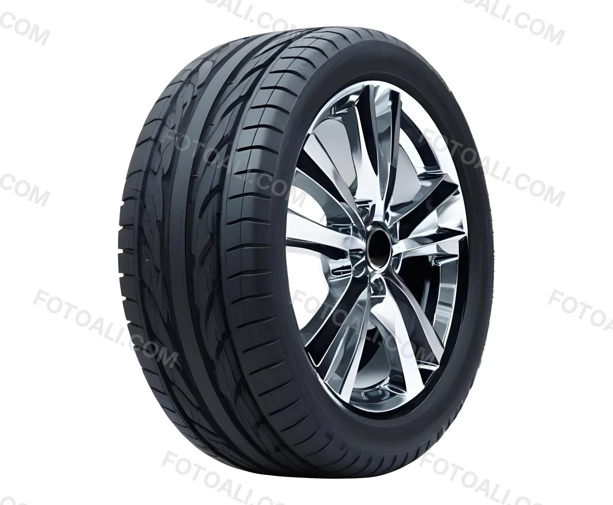 A Car Tire With A Black Rim White Rubber And Deep Treads Isolated On A Black Background 26 9060