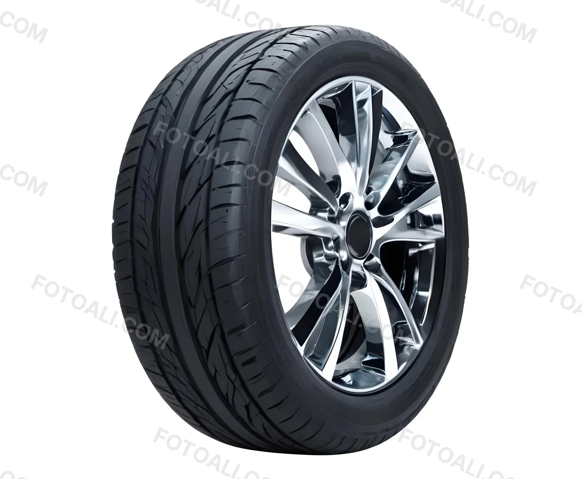 A Car Tire With A Black Rim White Rubber And Deep Treads Isolated On A Black Background 27 9b38