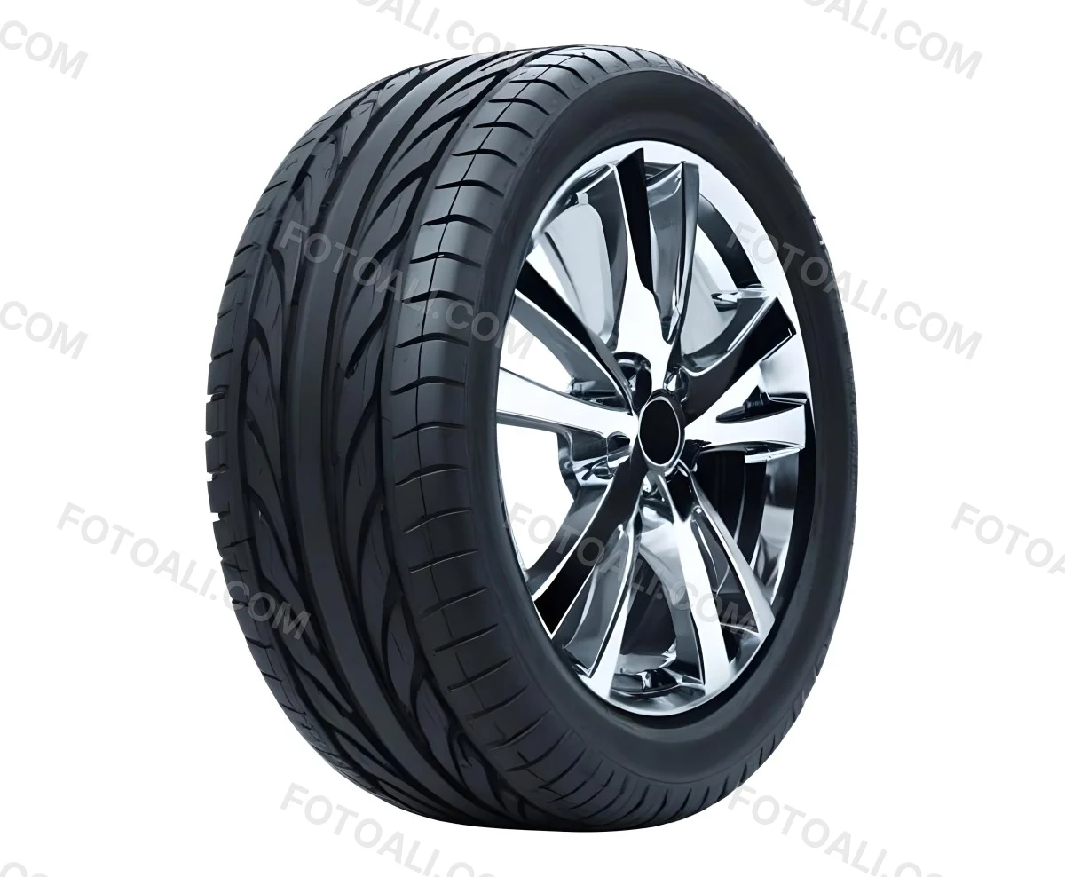 A Car Tire With A Black Rim White Rubber And Deep Treads Isolated On A Black Background 29 8977