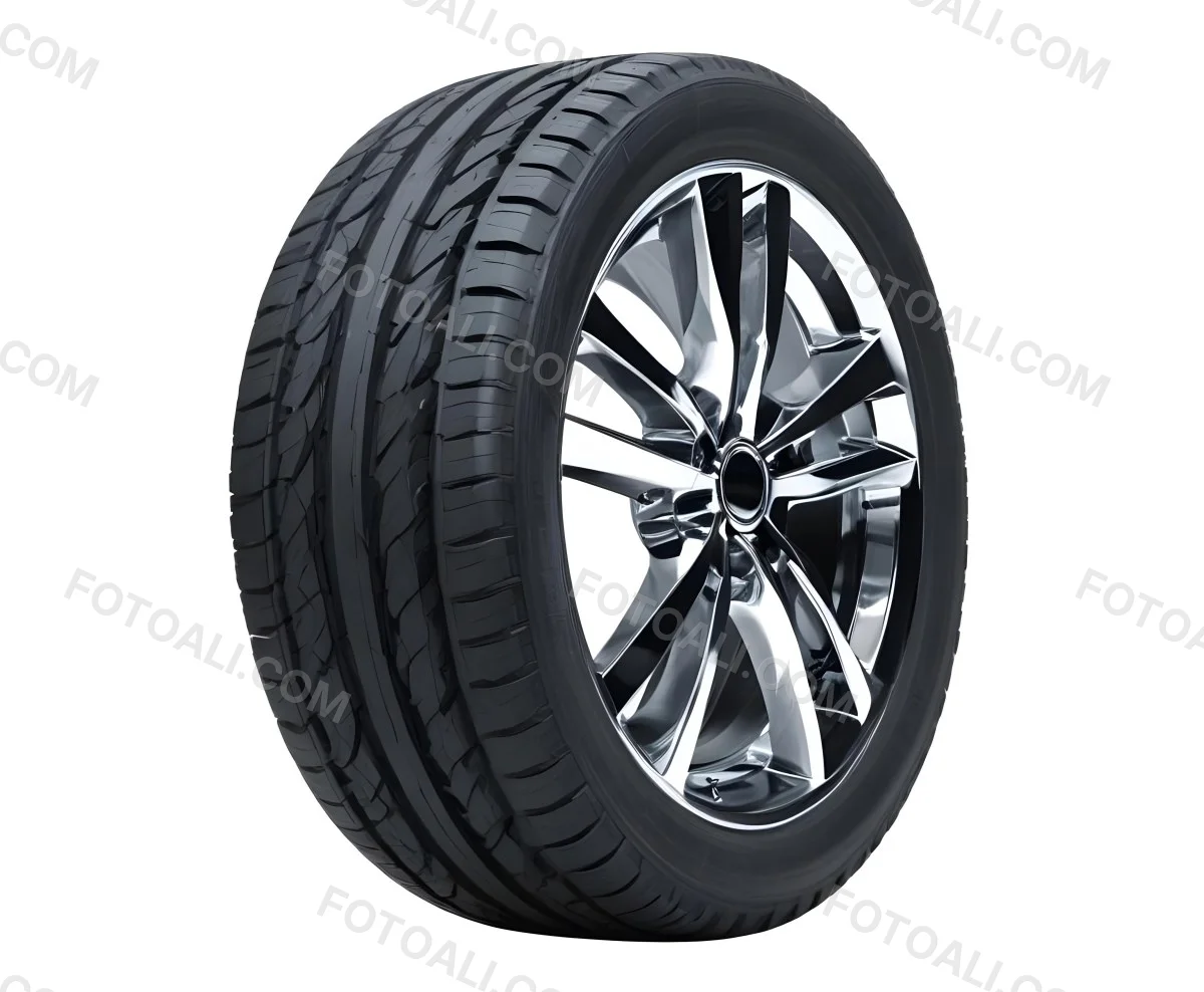 A Car Tire With A Black Rim White Rubber And Deep Treads Isolated On A Black Background 3 7783