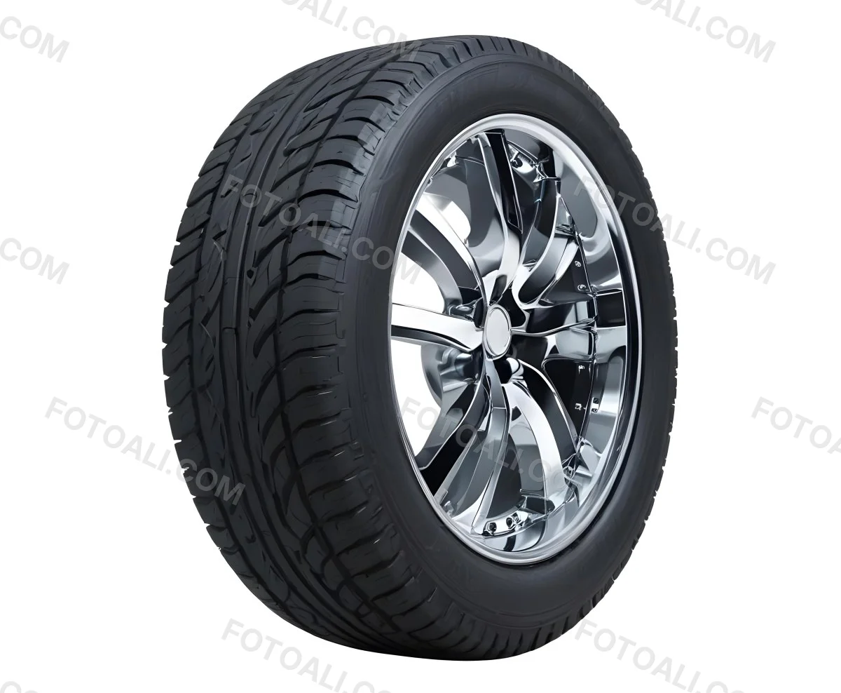A Car Tire With A Black Rim White Rubber And Deep Treads Isolated On A Black Background 32 7fe2