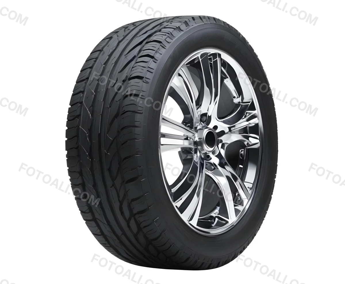 A Car Tire With A Black Rim White Rubber And Deep Treads Isolated On A Black Background 8 6d11