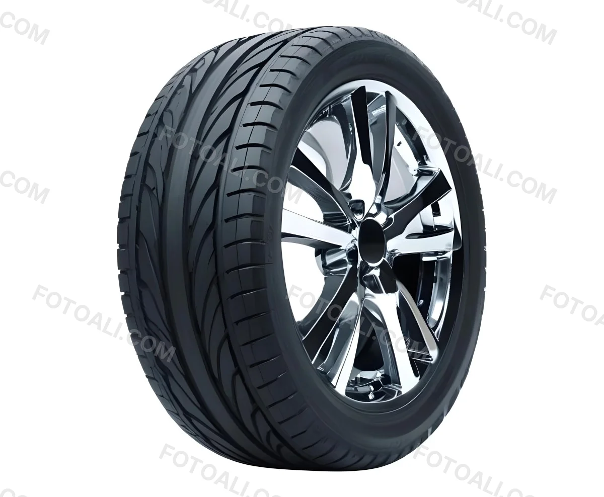 A Car Tire With A Black Rim White Rubber And Deep Treads Isolated On A Black Background 9 E282