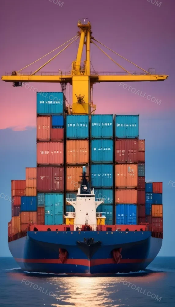 A Cargo Ship Carrying Colorful Shipping Containers On The Open Ocean With A Crane Visible In The Foreground 1 D7ed