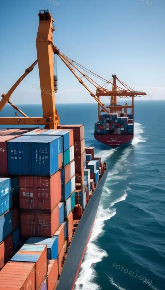 A Cargo Ship Carrying Colorful Shipping Containers On The Open Ocean With A Crane Visible In The Foreground 10 7924