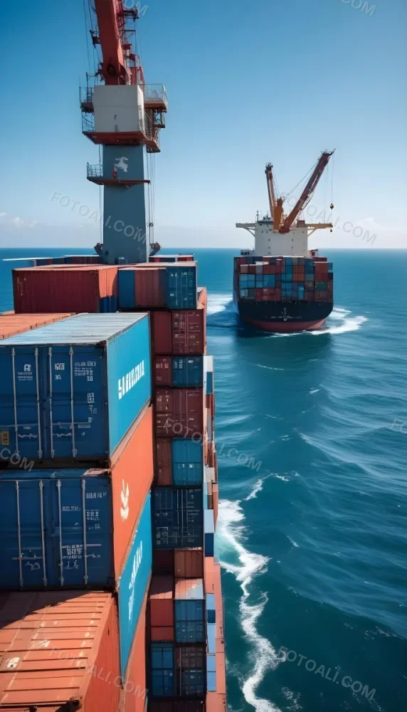 A Cargo Ship Carrying Colorful Shipping Containers On The Open Ocean With A Crane Visible In The Foreground 11 C02b