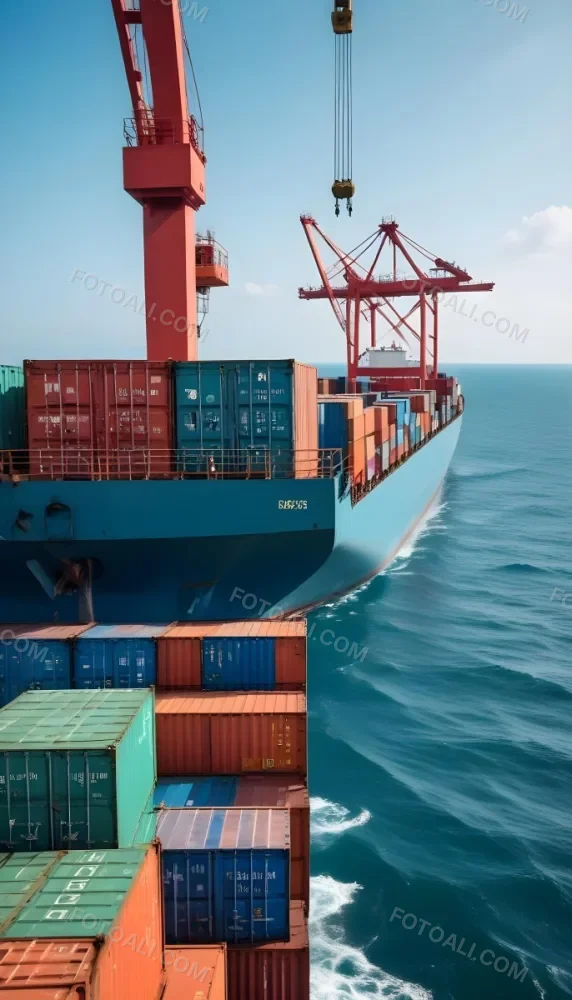 A Cargo Ship Carrying Colorful Shipping Containers On The Open Ocean With A Crane Visible In The Foreground 4 6f03