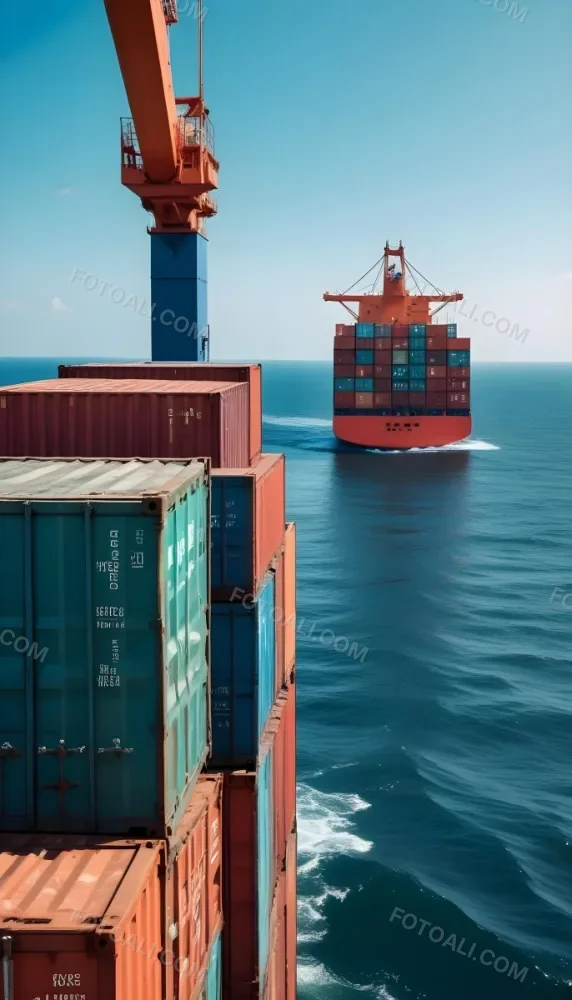 A Cargo Ship Carrying Colorful Shipping Containers On The Open Ocean With A Crane Visible In The Foreground 5 0508