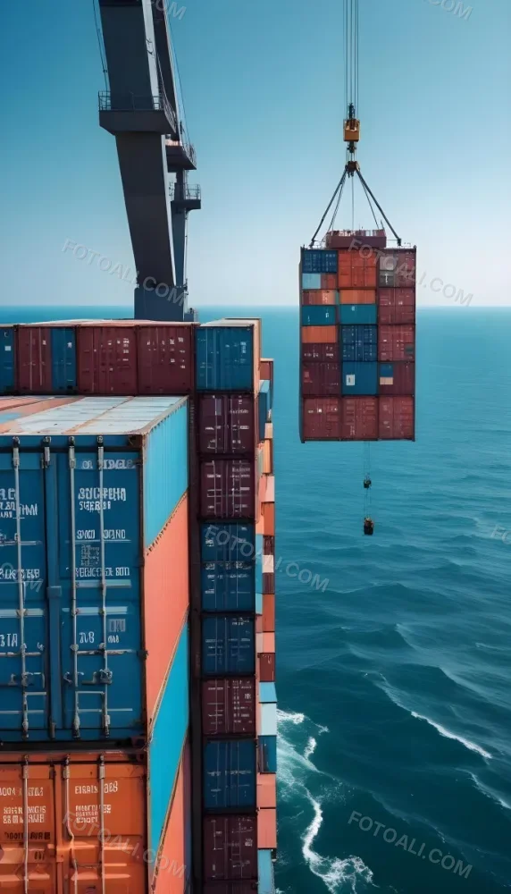 A Cargo Ship Carrying Colorful Shipping Containers On The Open Ocean With A Crane Visible In The Foreground 6 C880