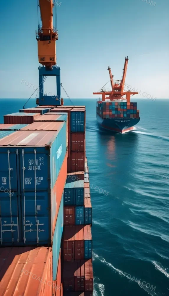 A Cargo Ship Carrying Colorful Shipping Containers On The Open Ocean With A Crane Visible In The Foreground 8 7470