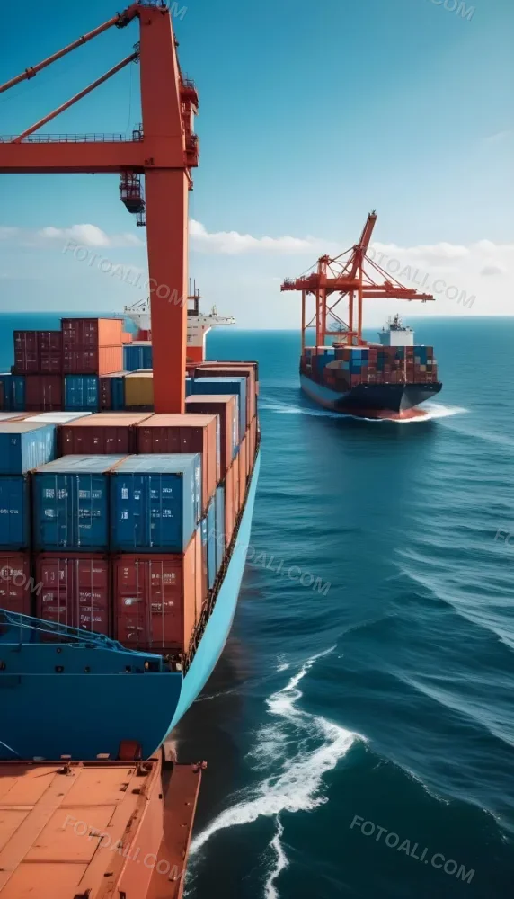 A Cargo Ship Carrying Colorful Shipping Containers On The Open Ocean With A Crane Visible In The Foreground 9 Bfb0