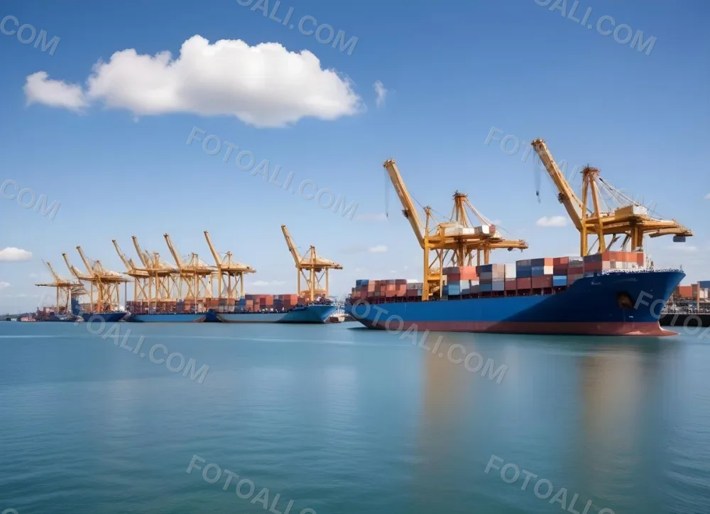 A Cargo Ship Loaded With Containers In A Harbor With Cranes Clear Blue Sky With Some Clouds Sunny Day Calm Water 10 Dabc