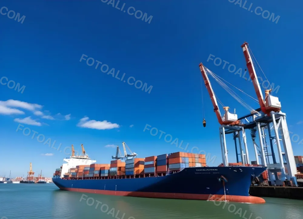 A Cargo Ship Loaded With Containers In A Harbor With Cranes Clear Blue Sky With Some Clouds Sunny Day Calm Water 14 E776