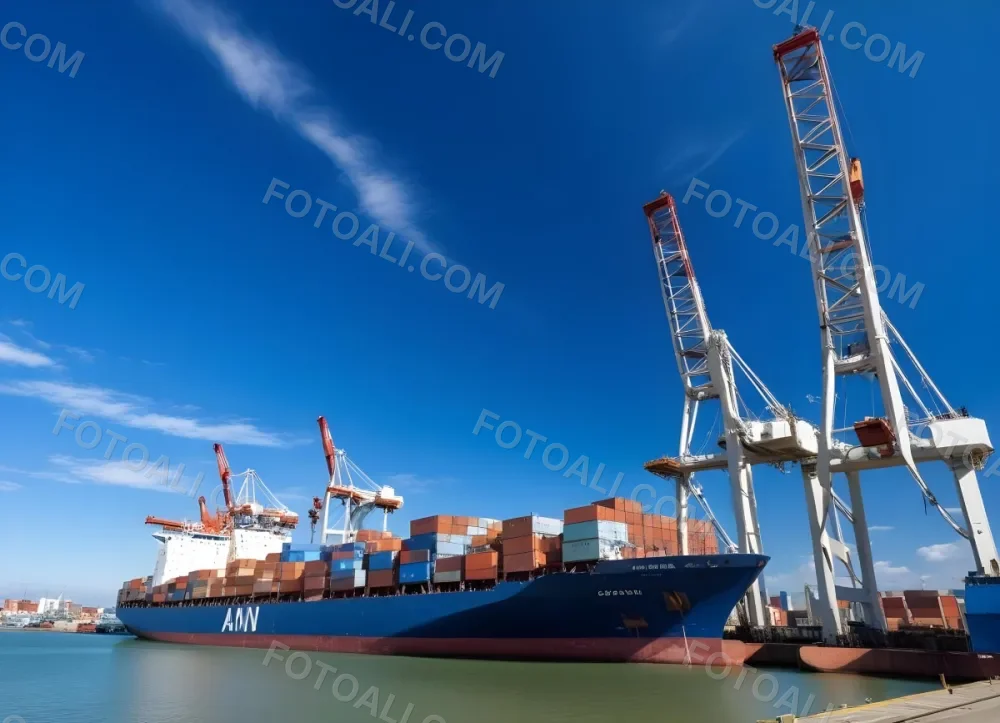A Cargo Ship Loaded With Containers In A Harbor With Cranes Clear Blue Sky With Some Clouds Sunny Day Calm Water 2 5254