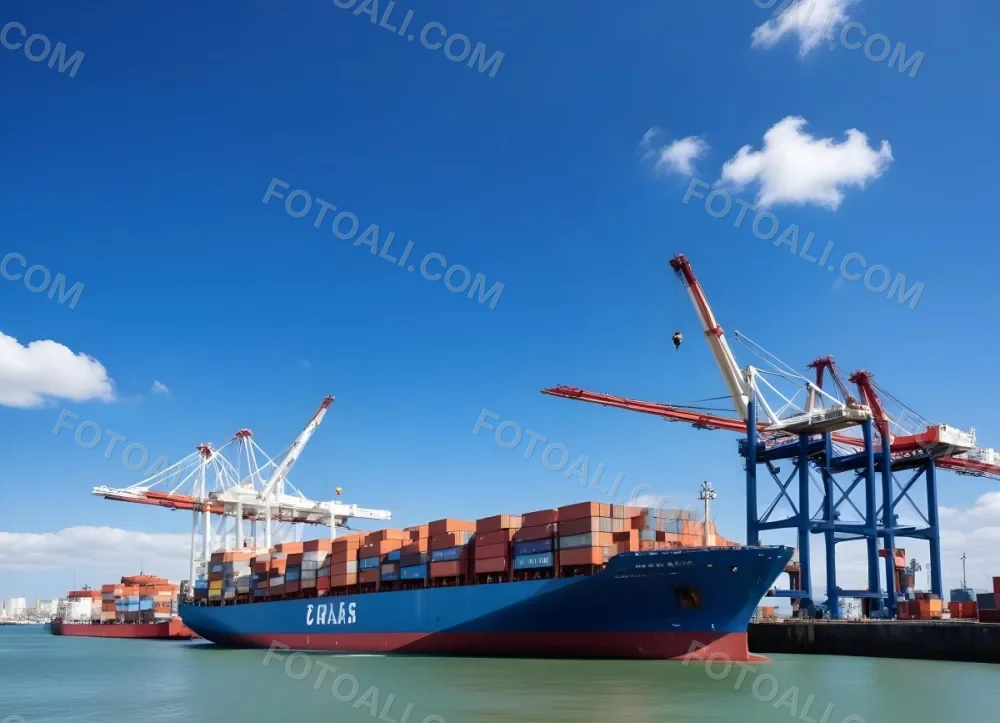 A Cargo Ship Loaded With Containers In A Harbor With Cranes Clear Blue Sky With Some Clouds Sunny Day Calm Water 3 E822